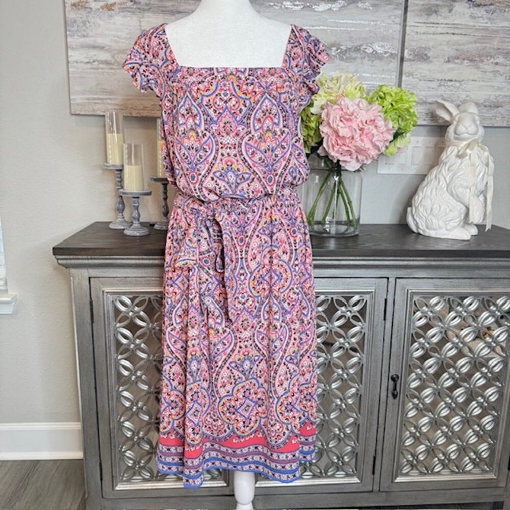 Talbots Medallion Paisley Midi Dress Size 12 Flutter Sleeve Boho Cottagecore